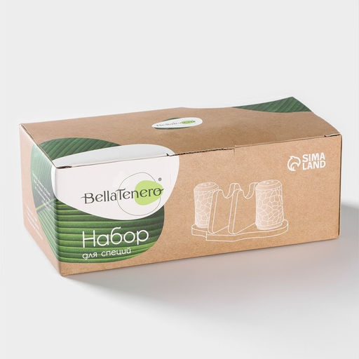 Набор для специй на бамбуковой подставке BellaTenero, 3 предмета: солонка 100 мл, перечница 100 мл, салфетница, фарфор, белый