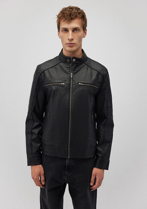 Siyah Suni Deri Ceket - Mavi фото 3