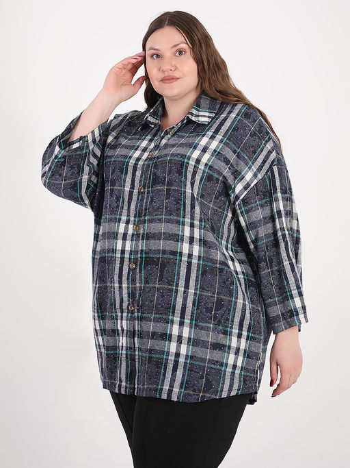 Рубашка женская больших размеров клетка стразы - Almond фото 2