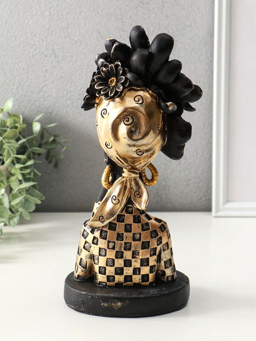 Бюст полистоун «Девушка с цветком, в наряде в клетку», чёрный, 13.3×12.3×29.5 см