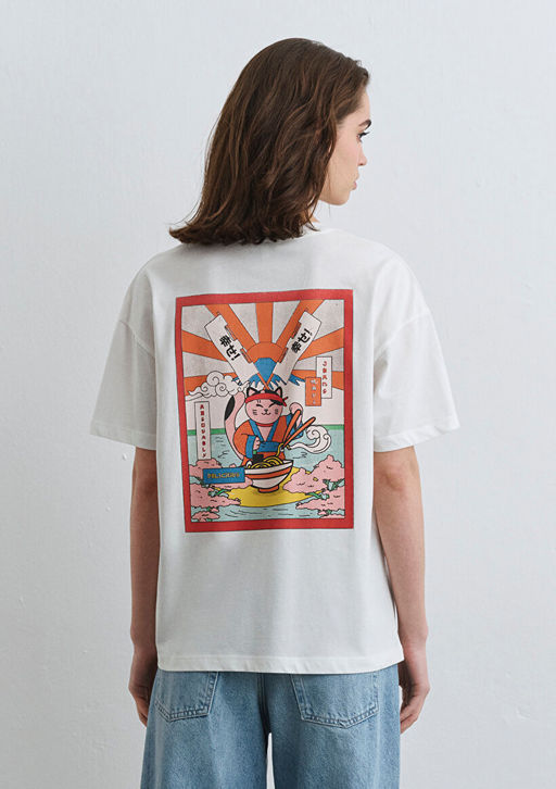 Delicious Bask?l? Beyaz Tisort - Mavi фото 5