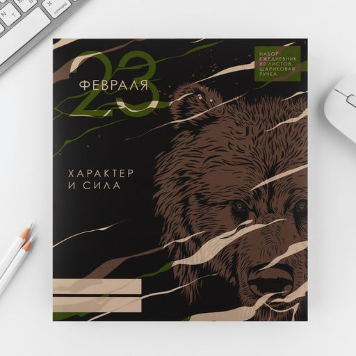 Подарочный набор «23 февраля медведь», ежедневник А5, 80 л в твердой обложке и ручка
