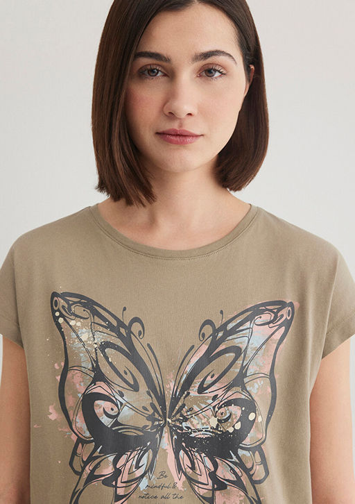 Kelebek Bask?l? Kahverengi Tisort - Mavi фото 6