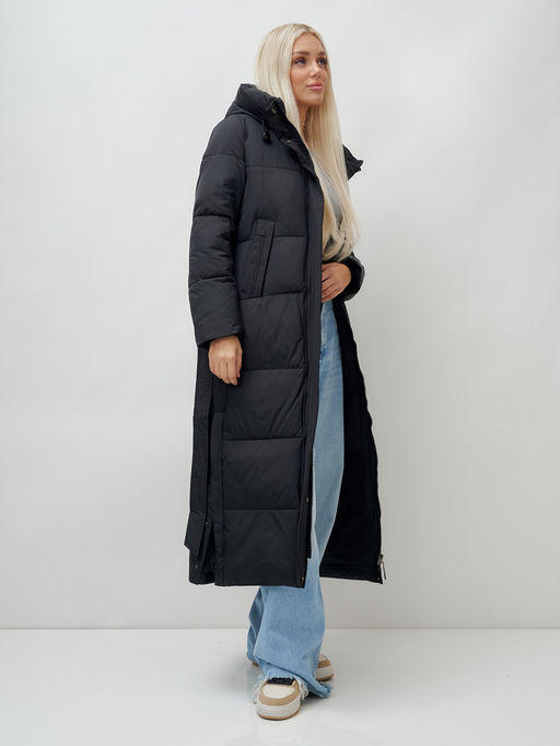 Пальто утепленное стеганное зимнее с капюшоном женское черного цвета 9605Ch - Mtforce фото 17