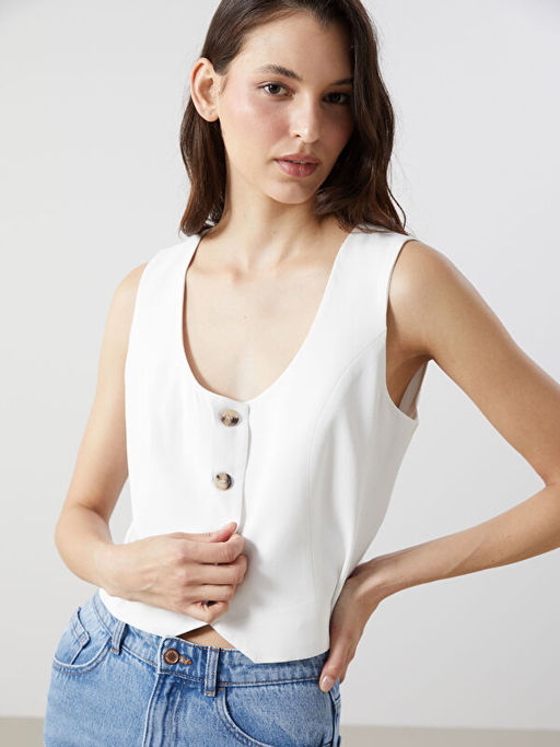 U Yaka Keten Kar???ml? Kad?n Klasik Yelek