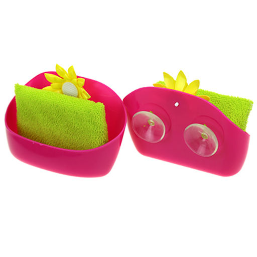 "Ромашка" Подставка для губок пластмассовая настенная на присосках, 15,5х7х11см, с губкой 12,5х9х2см, цвета в ассортименте: фуксия; оранжевый (Китай)