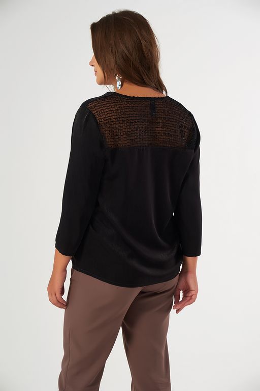 Блузка нарядная с кружевом большого размера черная - Fly фото 2