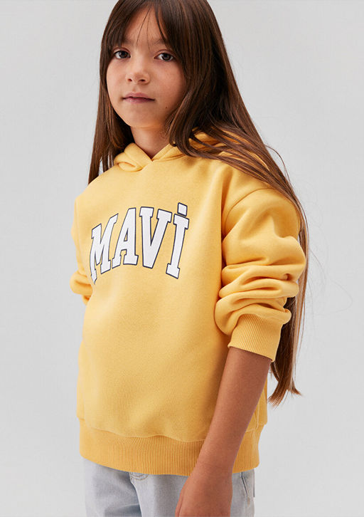 Mavi Logo Bask?l? Kapusonlu Sar? Sweatshirt