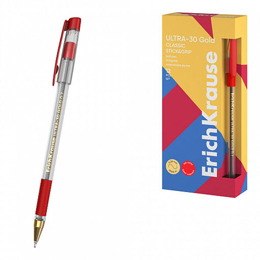 Цена за 12 шт. Ручка шариковая ErichKrause ULTRA-30 Gold Stick&Grip Classic 0.7, Super Glide Technology, цвет чернил красный (в коробке по 12 шт.)  фото 4