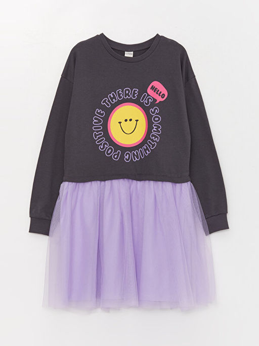 Bisiklet Yaka Bask?l? Uzun Kollu K?z ?ocuk Elbise