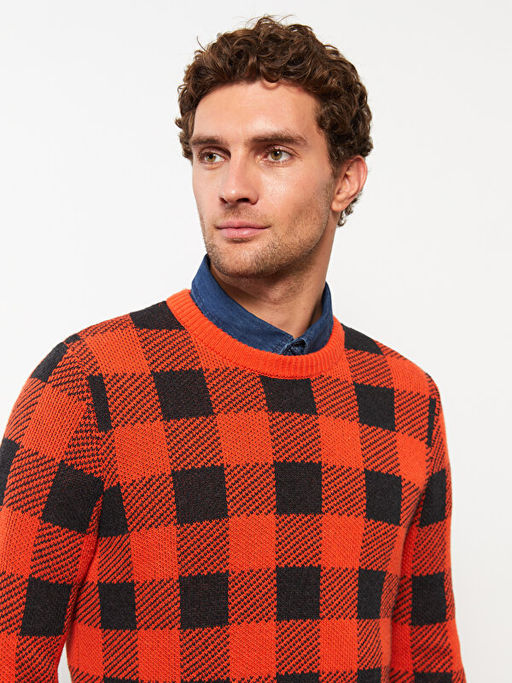 Bisiklet Yaka Uzun Kollu Ekose Erkek Triko Kazak