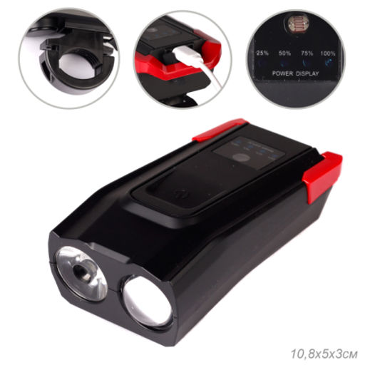 Фонарь передний интеллектуальный COMIRON SMART4 ABS; свет: 2xT6, 800lm; 4000 mAh, USB; ближний/дальний свет сигнал 120Дб. 5 режимов красный /уп 40/ - ГалеонТрейд фото 2