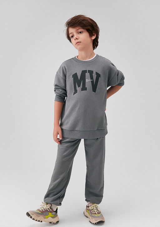 MV Logo Bask?l? Kapusonlu Gri Sweatshirt