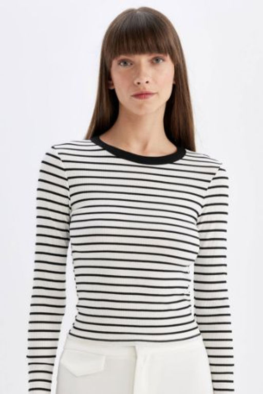 Slim Fit Dar Kesim Cizgili Uzun Kollu Tisort