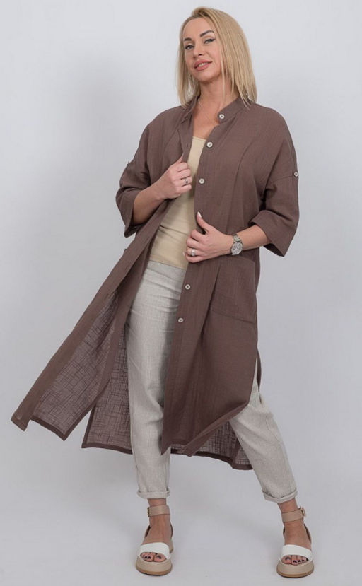 Рубашка-туника из льна стройнит фигуру, не требует глажки 091Л шоколад - Новый лен фото 5