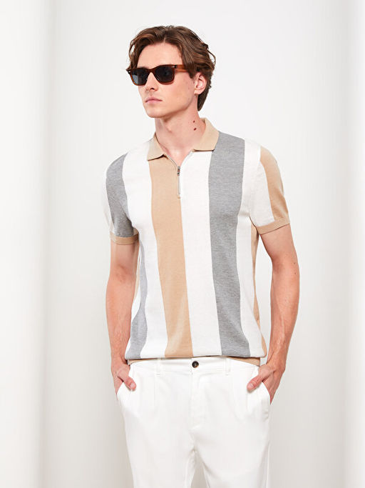 Polo Yaka K?sa Kollu Renk Bloklu Erkek Triko Kazak