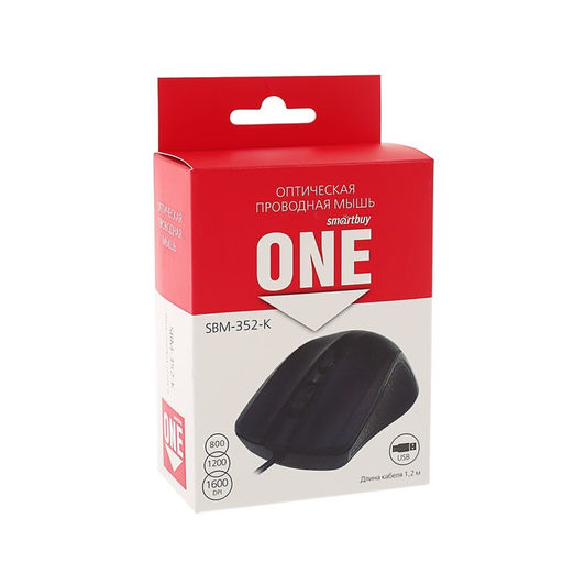 Мышь Smartbuy ONE 352, проводная, оптическая, 1600 dpi, USB, чёрная