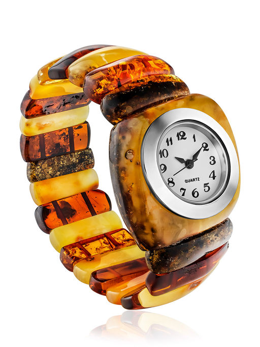Эффектные наручные часы из натурального текстурного янтаря