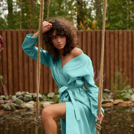 Халат вафельный женский удлинённый Экономь и Я размер 50-52, цвет небесный, 100% хлопок, 200 г/м²