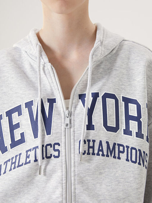 Kap??onlu Bask?l? Oversize Kad?n Kal?n Fermuarl? Sweatshirt