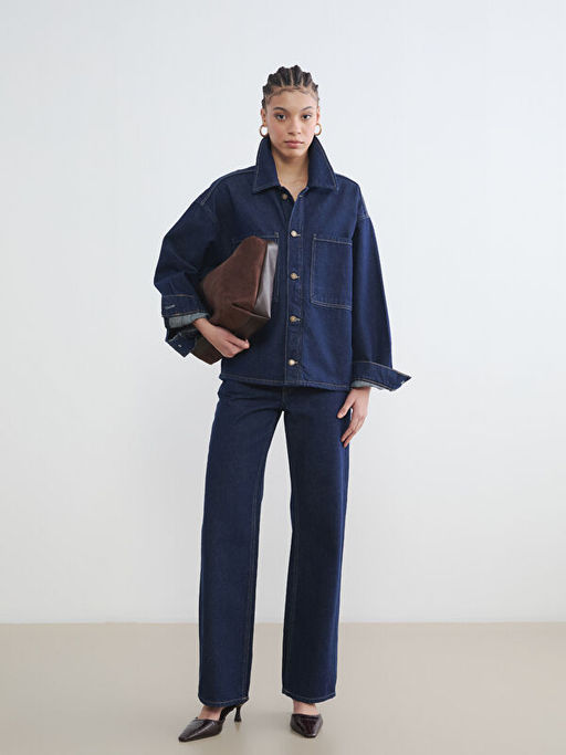 G?mlek Yaka Oversize Kad?n Jean Ceket