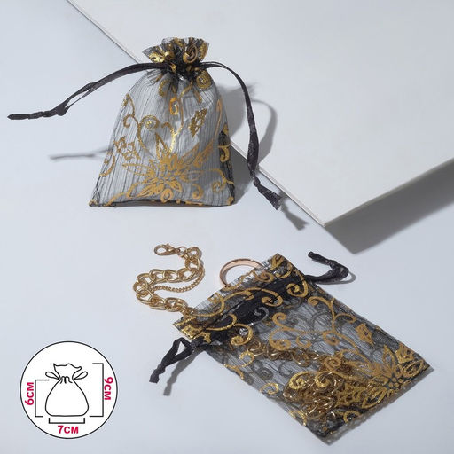 Цена за 100 шт. Мешочек подарочный «Цветочный орнамент», 7×9, чёрный с золотом