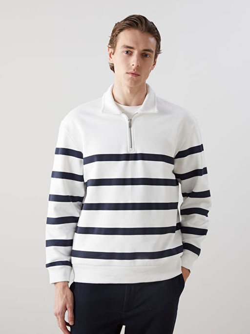 Polo Yaka Uzun Kollu ?izgili Erkek Sweatshirt