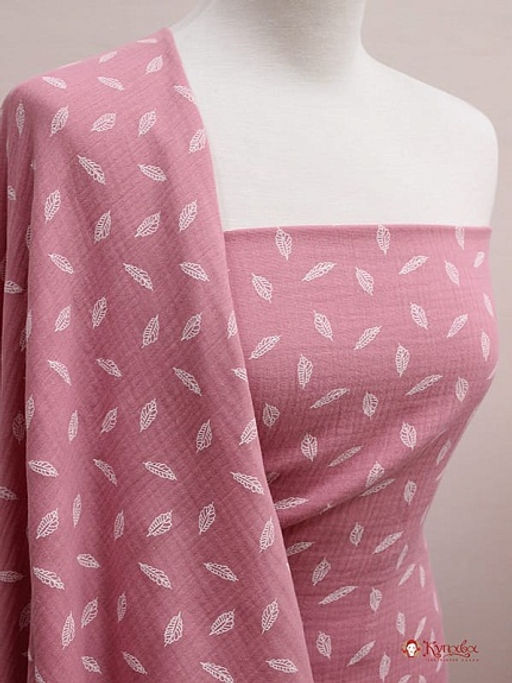 Муслин двухслойный с эф.жатости Листочки цв.винтажная роза, ш.1.42м, хлопок-100%, 120гр/м.кв - Купава фото 2