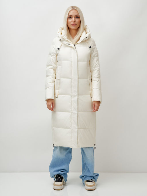 Пальто утепленное стеганное зимнее с капюшоном женское бежевого цвета 9608B
