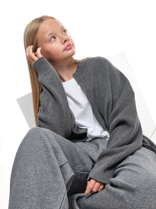 Джемпер оверсайз на молнии для девочки 33-7596 серый