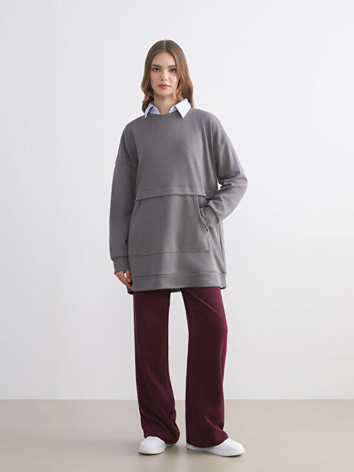 B?y?k Beden Bisiklet Yaka Kad?n Sweatshirt Tunik