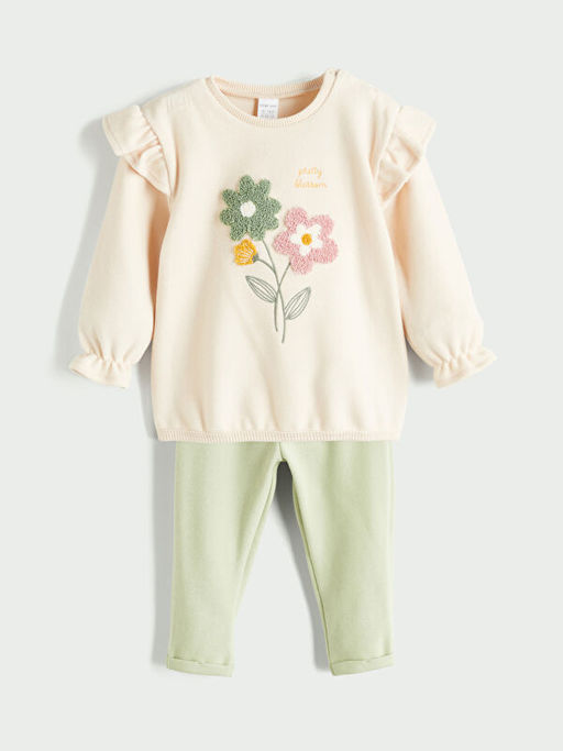 Bisiklet Yaka ?i?ekli K?z Bebek Sweatshirt ve Tayt 2li