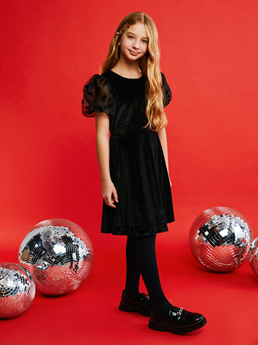 Bisiklet Yaka Kadife K?z ?ocuk Elbise