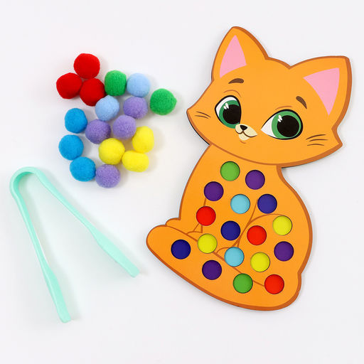 Сортер деревянный «Котёнок» с помпонами и пинцетом, 15×21 см