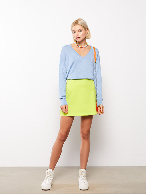 V Yaka D?z Uzun Kollu Kad?n Triko Kazak