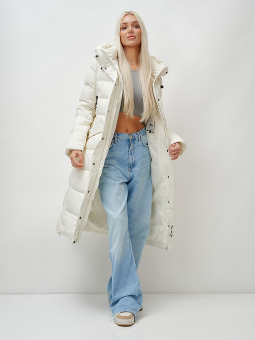 Пальто утепленное стеганное зимнее с капюшоном женское бежевого цвета 9610B - Mtforce фото 15