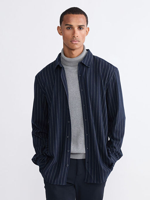 B?y?k Beden Slim Fit Uzun Kollu ?izgili Erkek G?mlek