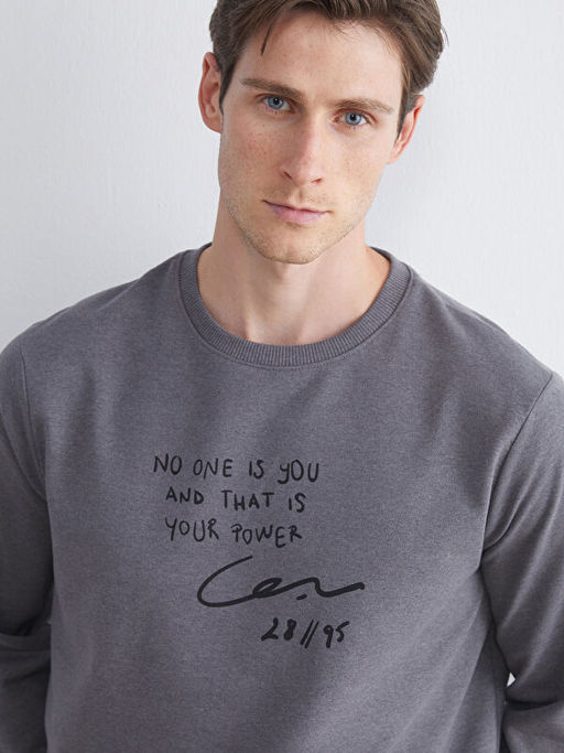 Bisiklet Yaka Bask?l? Erkek Sweatshirt