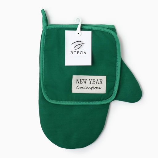 Набор кухонный Этель New year collection цвет зелёный, варежка 18?29 см, прихватка 19?19 см,100% хлопок