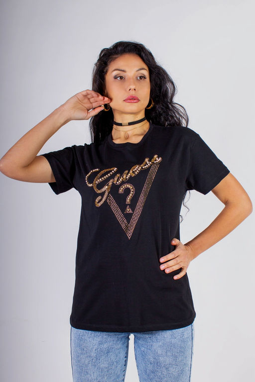 Футболка "Guess" с треугольником стразы, камешки, бусины