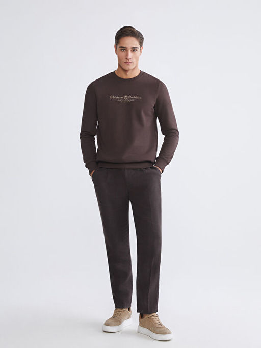 Standart Kal?p Bisiklet Yaka Bask?l? Erkek Kal?n Sweatshirt