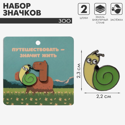 Набор значков (2шт) «Зоо» улитка и капибара, цветной в чёрном металле
