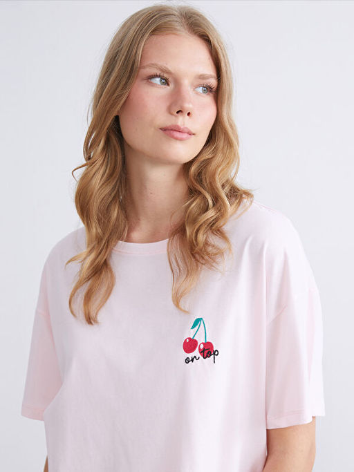 Bisiklet Yaka Bask?l? Kad?n Kaprili Pijama Tak?m?