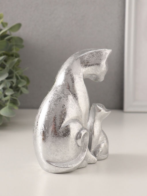 Фигурка полистоун «Кошка с котёнком», серебро, 10×6×13.5 см