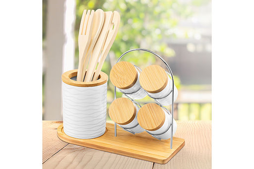 Набор 9 пр.- набор кух. принад. 4 пр. с подставкой+ банки д/хранен. 4 пр. Айсберг волны на дер.под - Elan gallery фото 11