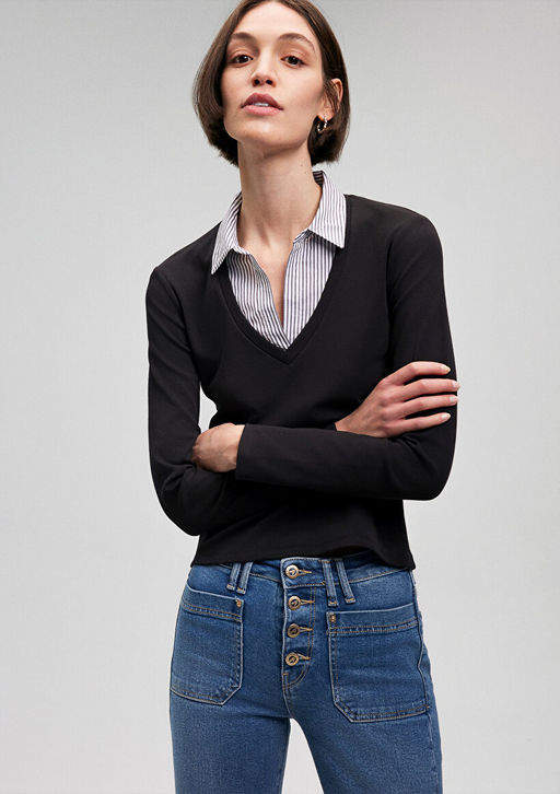 Gomlek Yaka Detayl? Siyah Tisort