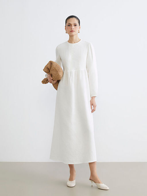 Bisiklet Yaka Balon Kollu M?slin Elbise