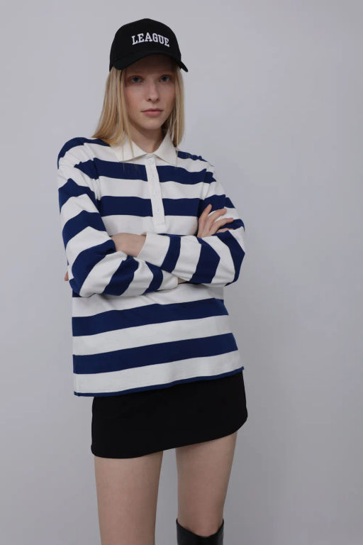 Блузка-поло в широкую горизонтальную бело-зеленую полоску - Incity фото 13