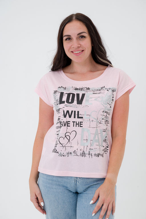 Футболка женская со спущенным плечом из кулирки Лира бледно розовый с принтом Love - Амадэль фото 3