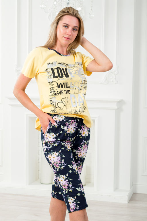 Пижама женская домашний из футболки и бридж Букетик желтый темно-синий с принтом LOVE - Амадэль фото 11